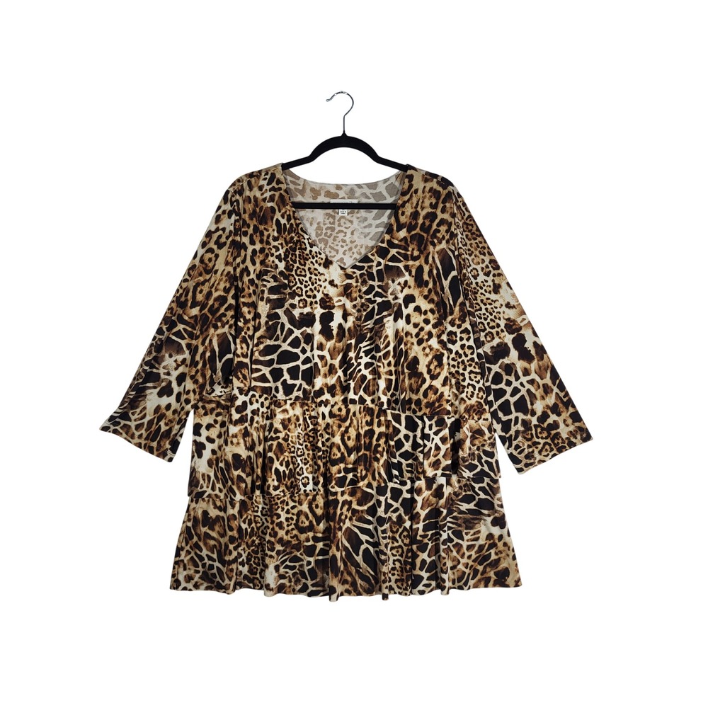Susan Graver Liquid Knit Animal Print Tiered‎ Tunic Top Brown 2X Leopard V-neck